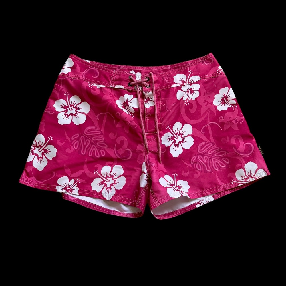 90's Hawaii Pink White Hibiscus Floral Board Shorts Swim Trunks Women Size 11